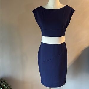 Miusol navy blue Sheath Mini Dress attached contrast belt front back option L